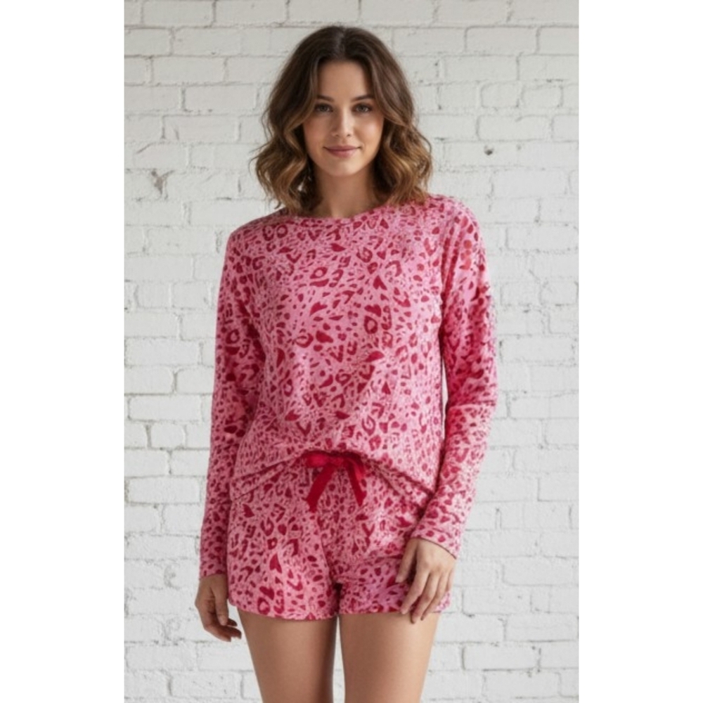 Loft Outlet Sleepwear Set Red & Pink Animal Print/Hearts Top Size S, Shorts M